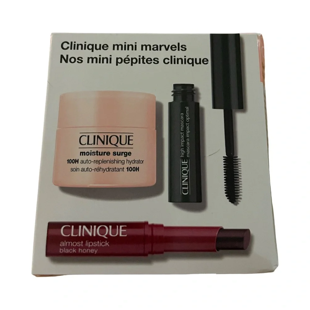 Clinique mini marvels makeup lipstick mascara moisture surge lotion set of 3